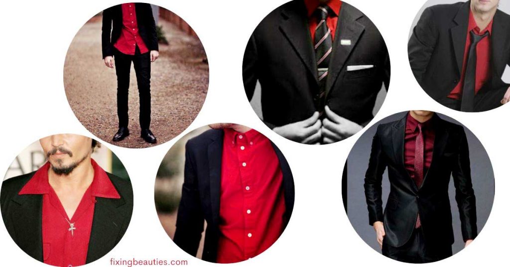 black suit red shirt